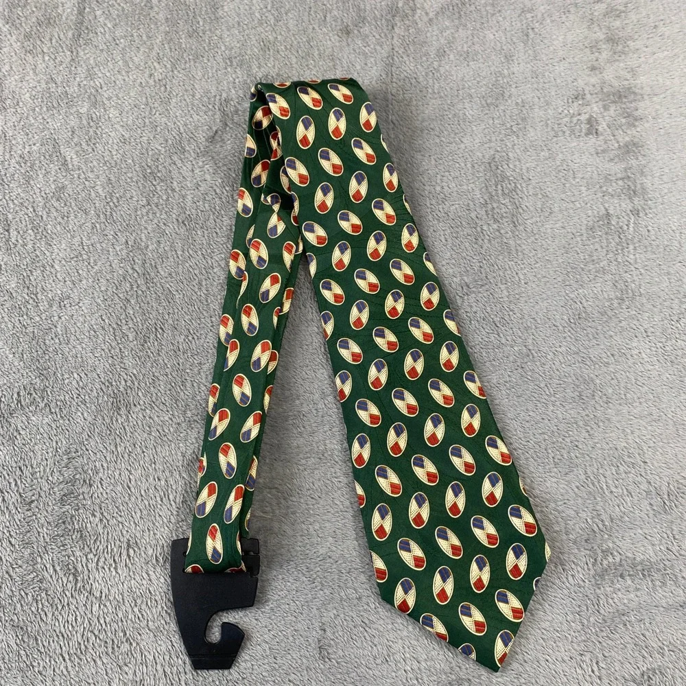 Vintage Polo Ralph Lauren Tie Mens OS Green Red Silk Oval Geometric USA Handmade